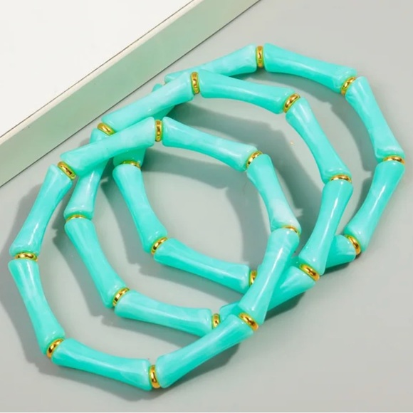 Set of 3 retro tiki bamboo look stretch bracelets in yummy mint and gold - Picture 2 of 2